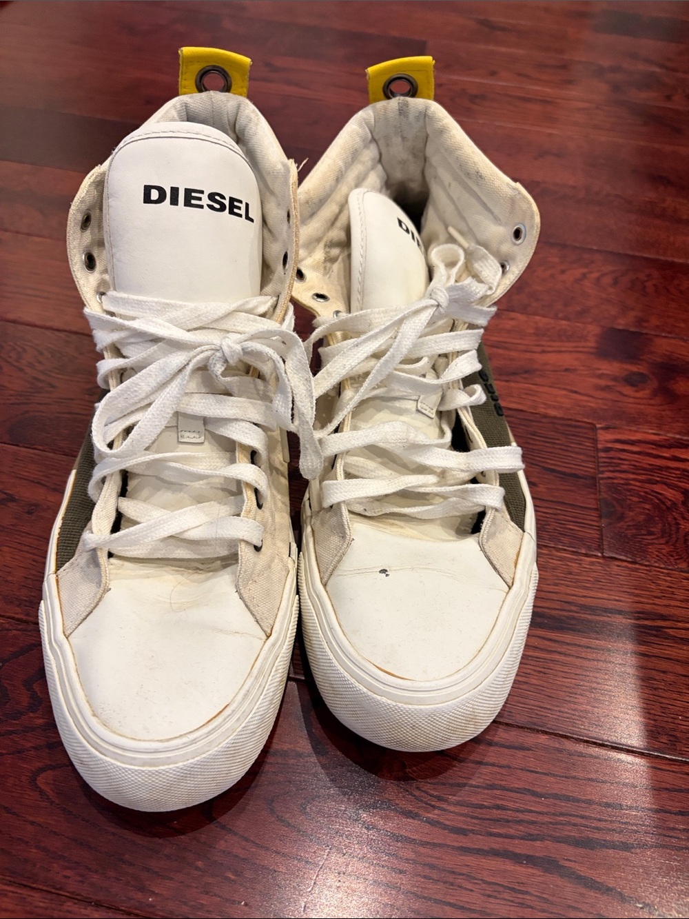 DIESEL White High-Top Sneakers with Olive Side Panels and Yellow Heel Tabs